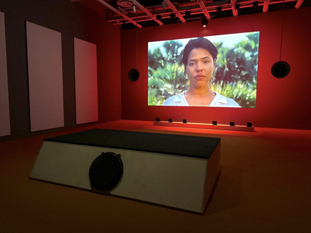 A film playing in a darkened gallery featuring a close-up of a woman's face framed against a tropical landscape