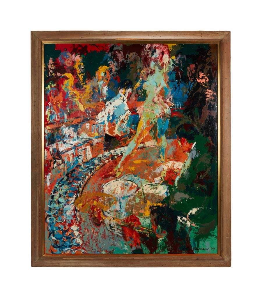 colorful painting, blurred and busy of a stage with musicians and audience
