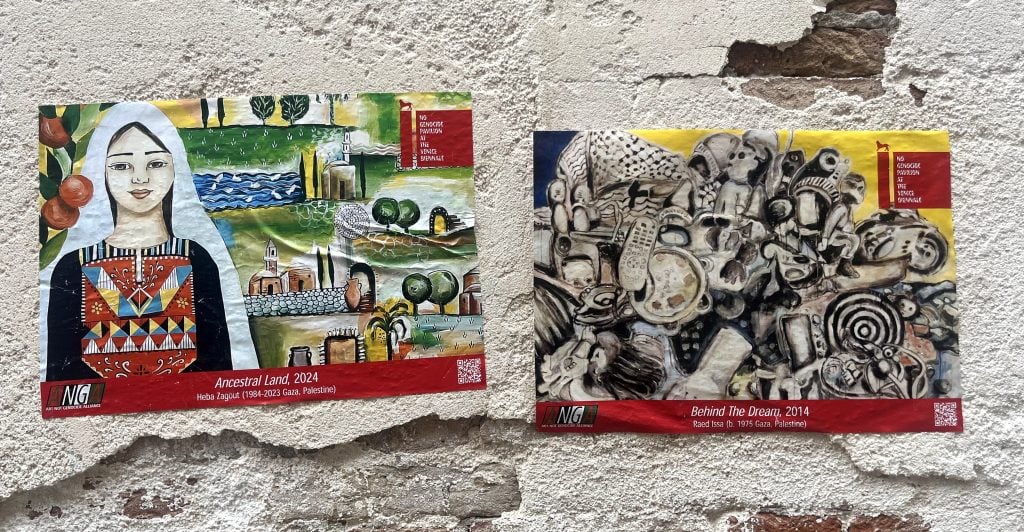 two posters featuring artworks pasted onto a blank white wall