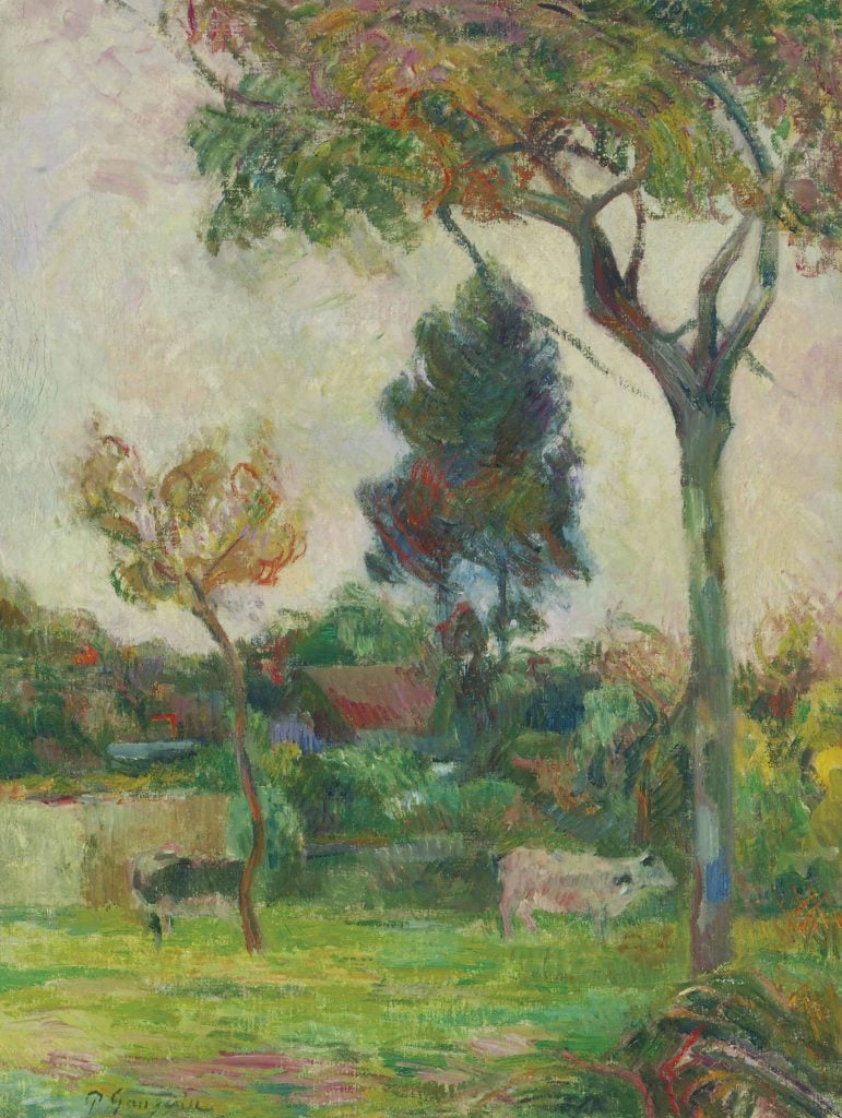 a rural painting of trees and two cows by Paul Gaugin, sold by Christie's