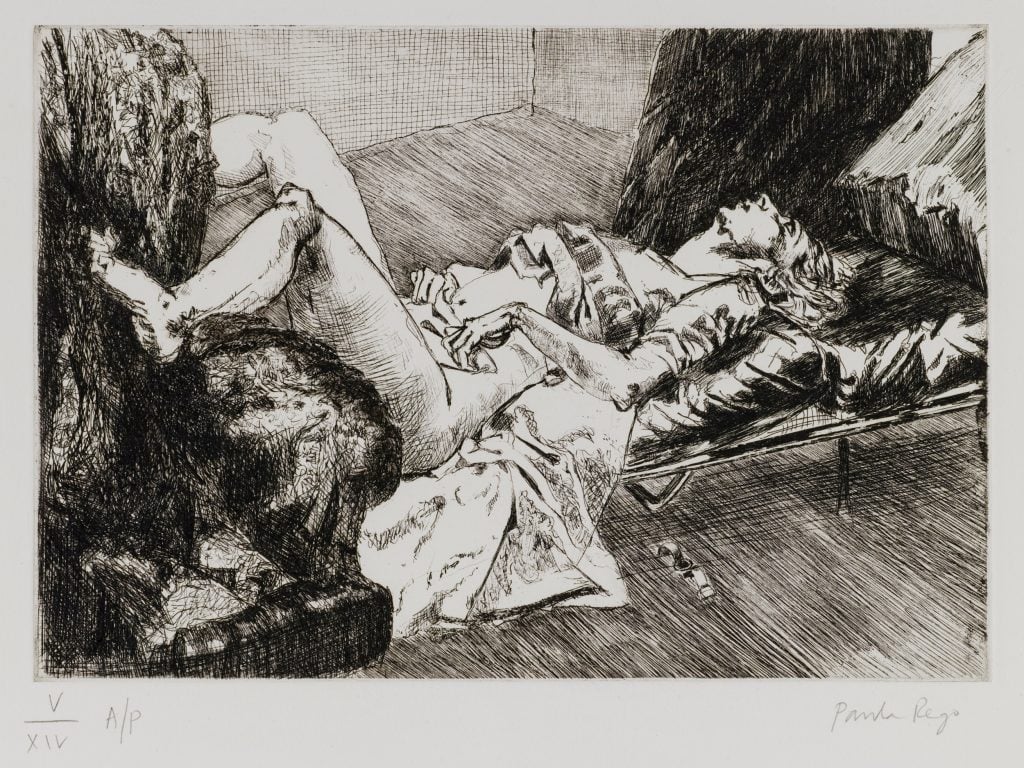 a black and white drawing of a woman lying in the floor in apparent pain, her legs raised and her head thrown back