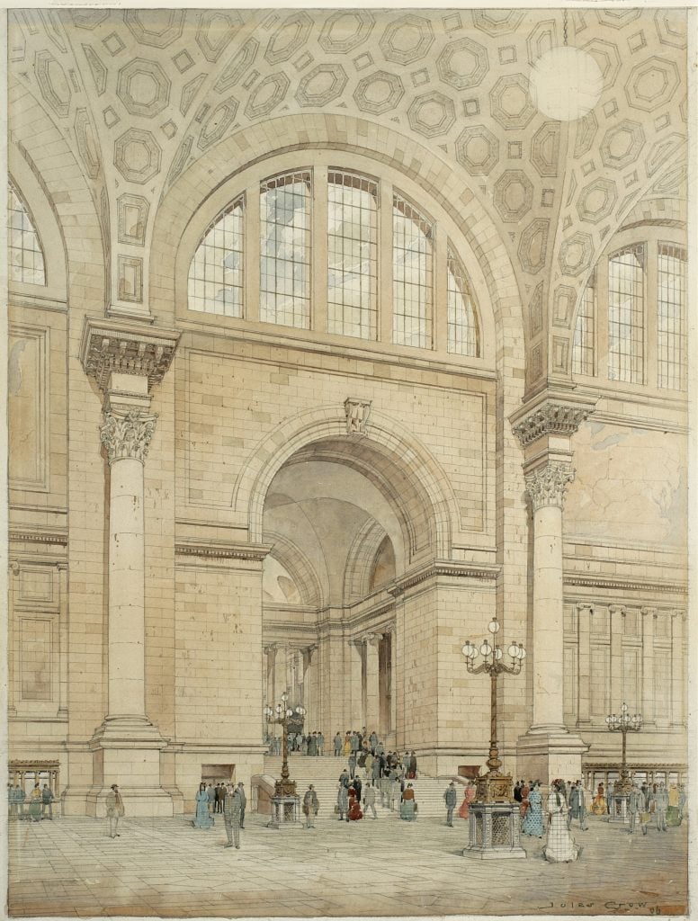 watercolor of the original Penn Station from the inside