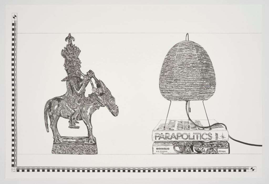a intricate black and white drawing of a little figurine of a man riding an animal and a pile of books with a lamp on top
