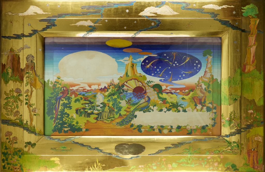 a psychedelic scene in a gold frame of mountains and birds and stars