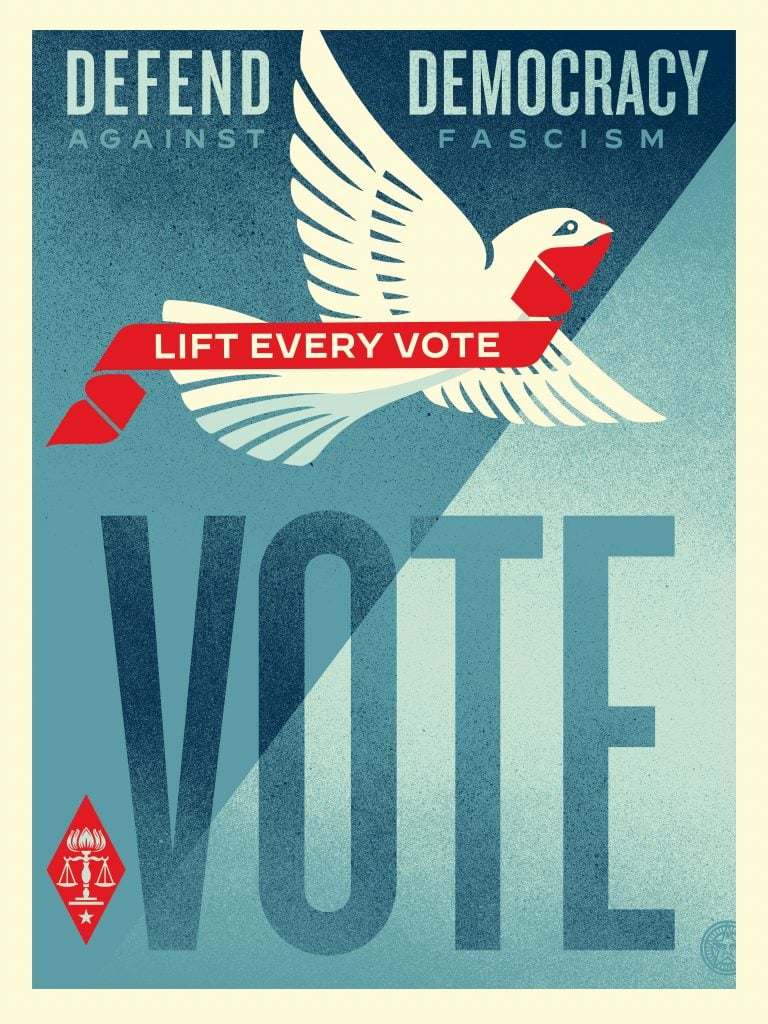 This image is a poster with a strong political message. It features a large dove in flight, with its wings spread wide, which is often a symbol of peace. The dove is holding a red banner in its beak that reads 