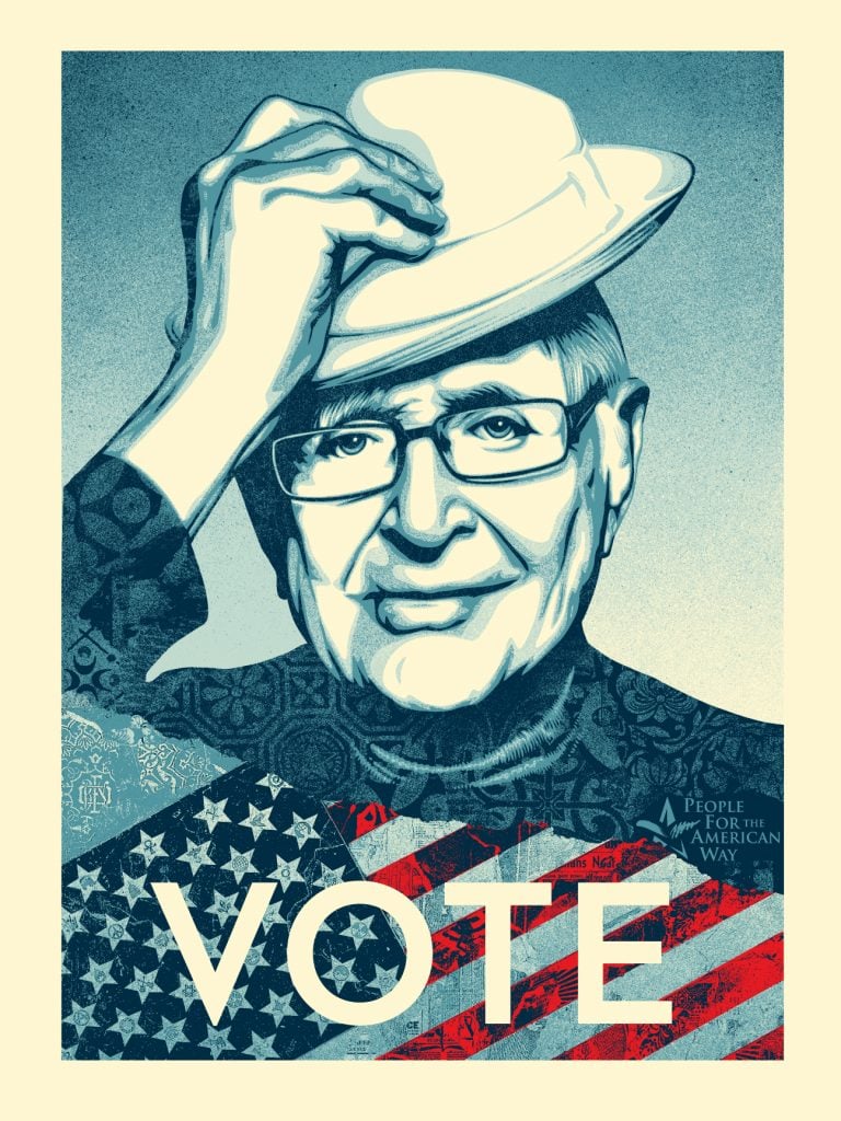 a stylized portrait poster featuring an older individual tipping their hat in a greeting or salutary gesture. The person is wearing glasses and a gentle smile can be seen on their face. Behind the figure is an American flag motif with a distressed overlay, which adds a sense of texture and depth to the image. The dominant word "VOTE" is superimposed over the flag, suggesting a patriotic call to action regarding the civic duty to vote. The style of the illustration has a retro feel, reminiscent of mid-20th-century American poster art. Additionally, text at the bottom indicates that the image is associated with a group called "People for the American Way."