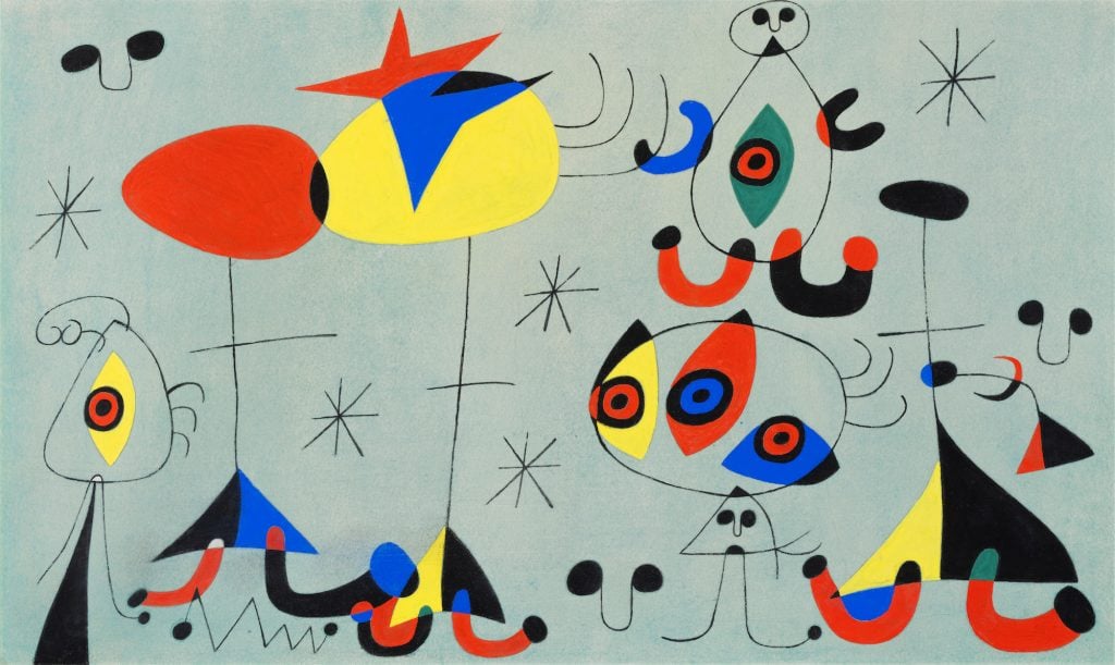 an image of blue red and yellow figures against a green background