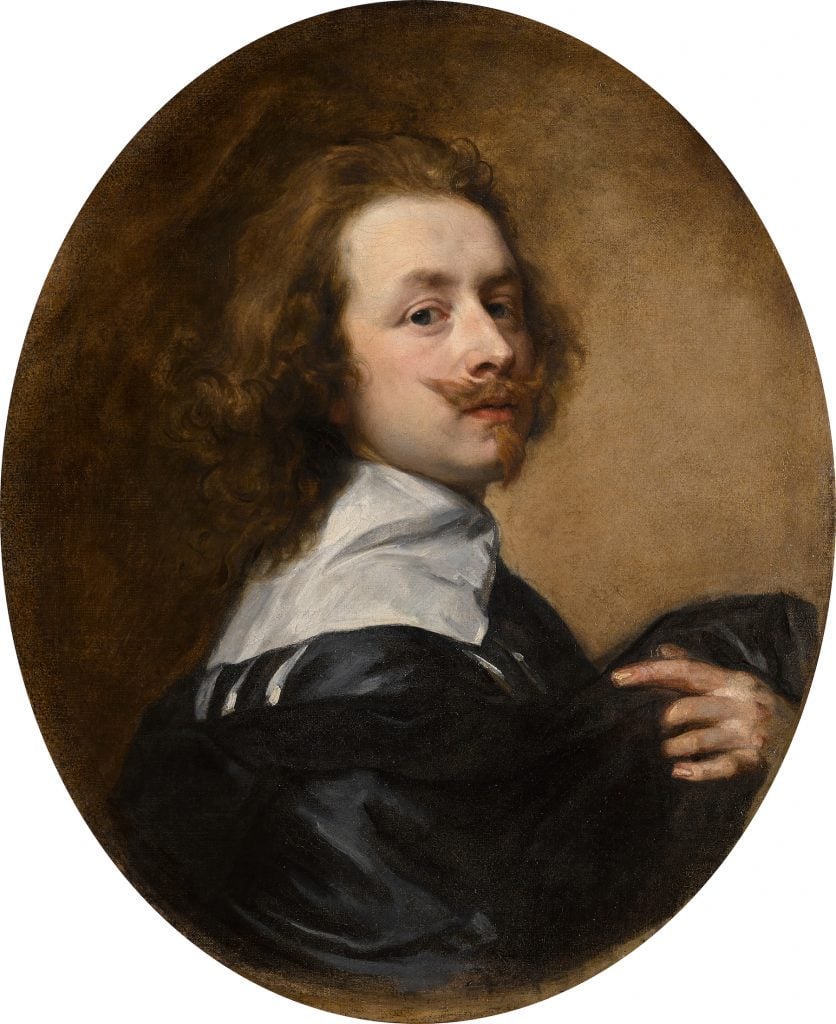 An image of an oval self portrait by Old Master painter Anthony Van Dyck in which he is half turned and looking at the viewer.