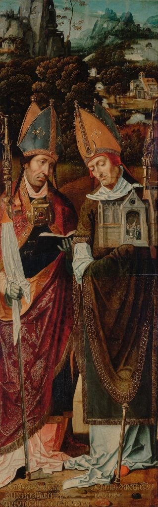 An image of A painting titled Saint Agricus of Trier and Saint Anno of Cologne' by Master of the Agilolphus Altar. The painting depicts two saints standing side by side, with Saint Agricus on the left and Saint Anno on the right, both wearing traditional religious attire and holding symbols of their martyrdom