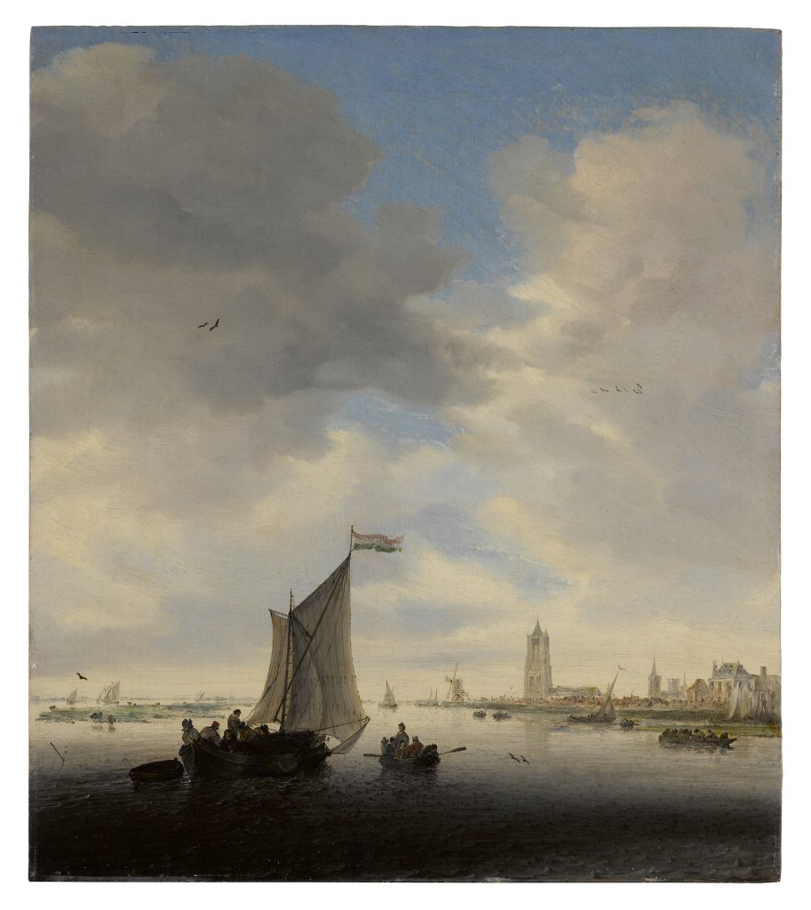 an image of a seascape by Salomon van Ruysdael showing ships on the water near a coastline