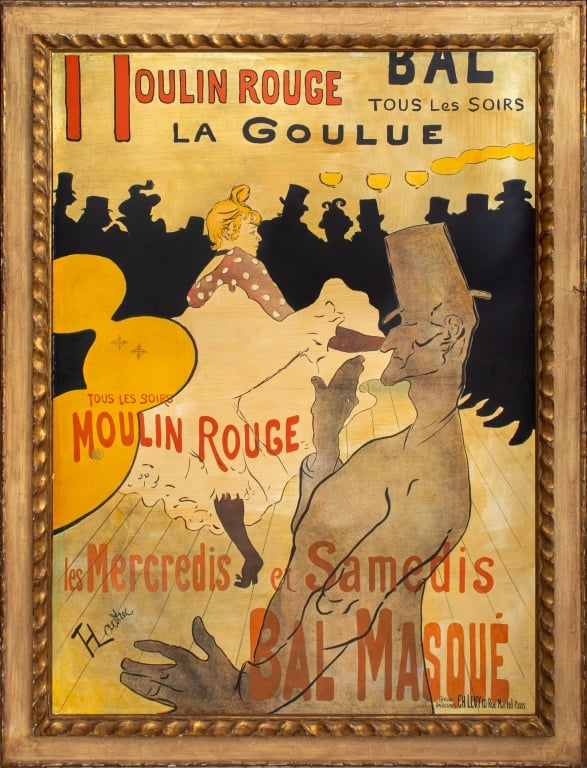 A poster with the name Moulin Rouge across the top with the silhouette of a gentleman in a top hat in the foreground and can can dancer in the background.