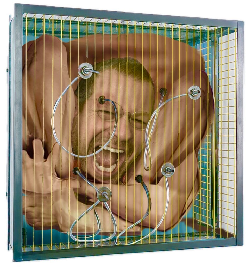 In a digital image, a man is tangled up in a glass box.