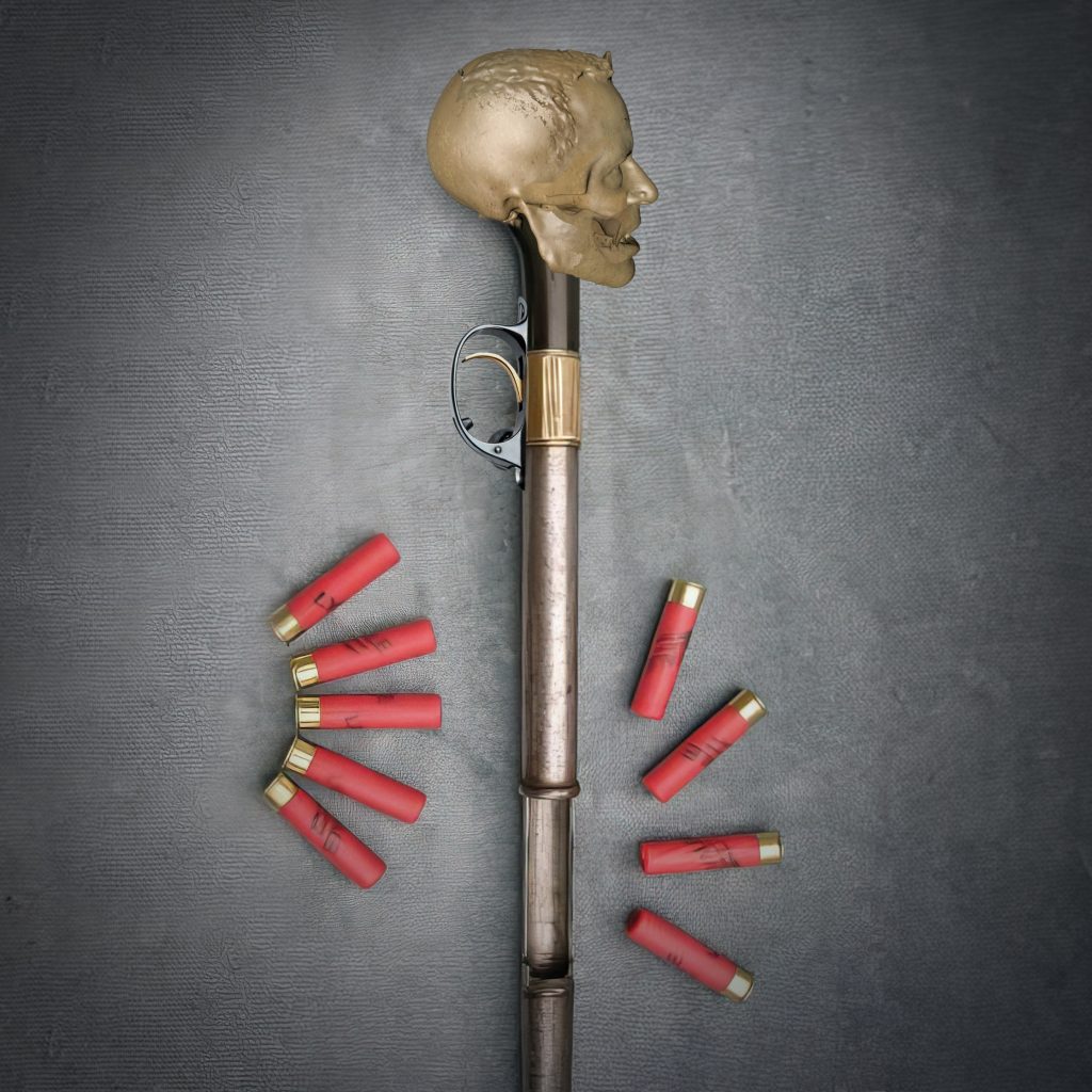 A digital image shows a cane that resembles a gun