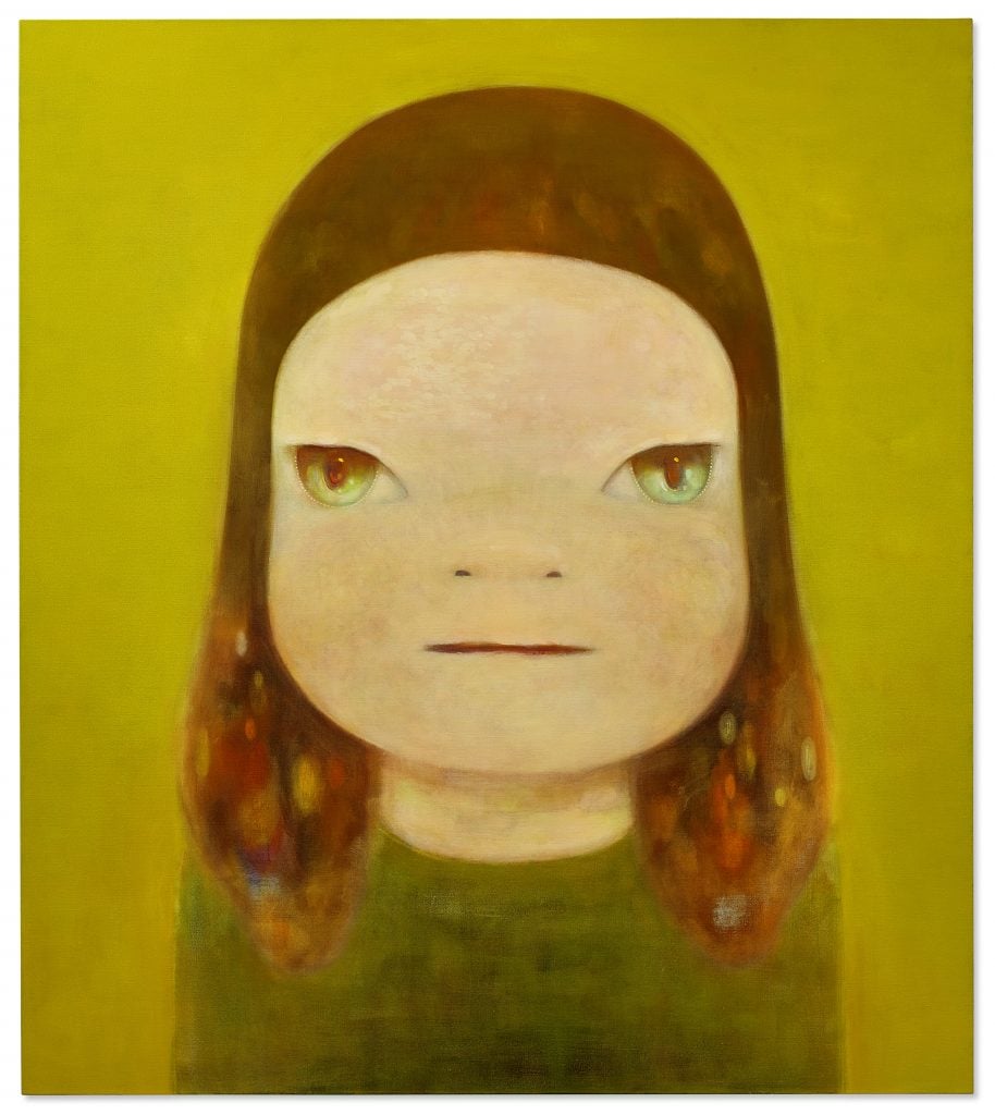The image shows a painting of a child-like figure in Japanese manga style, with a round face, green eyes, shoulder length hair, in a green top against a light green background.