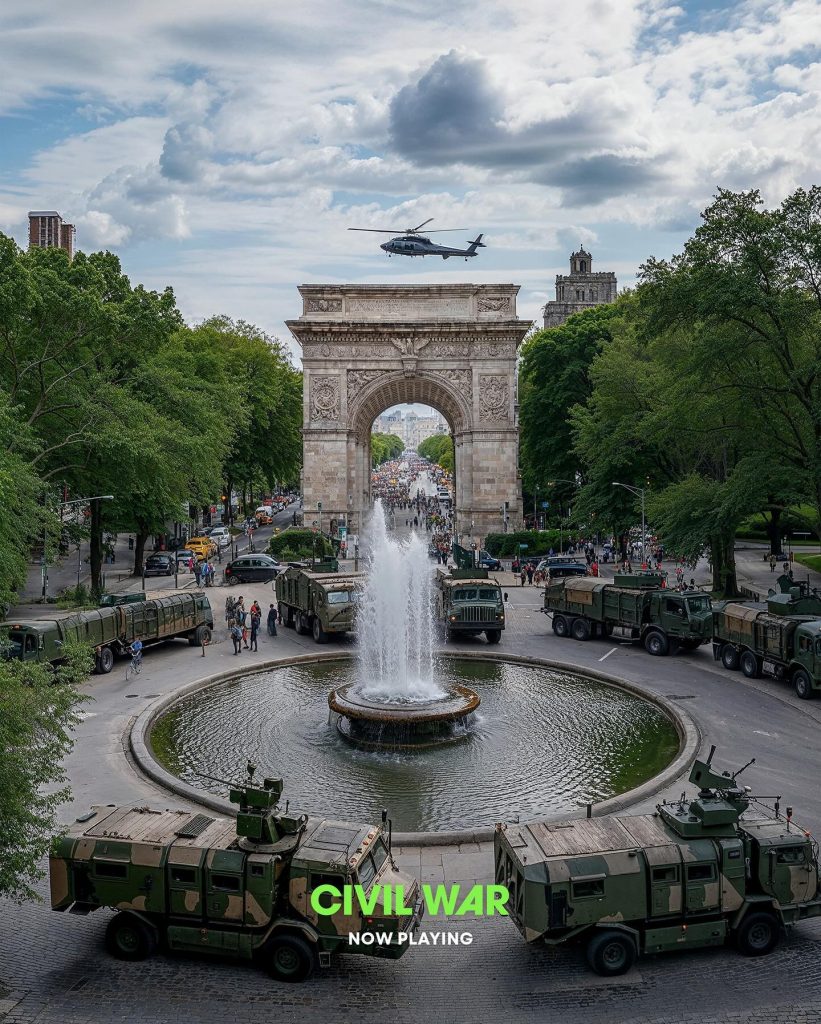 An A.I.-generated image of Washington Square Park in New York, its fountain and arch surrounded by tanks.