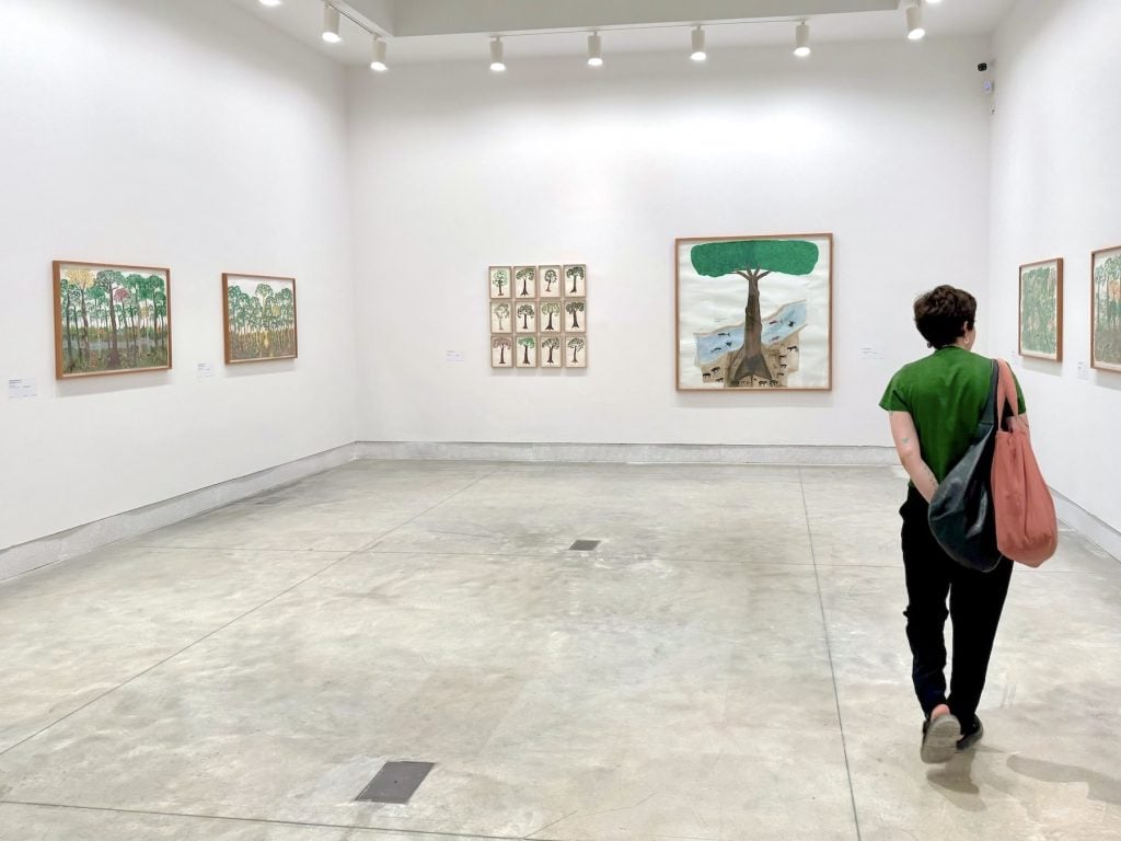 A man walks into a gallery full of images of flora
