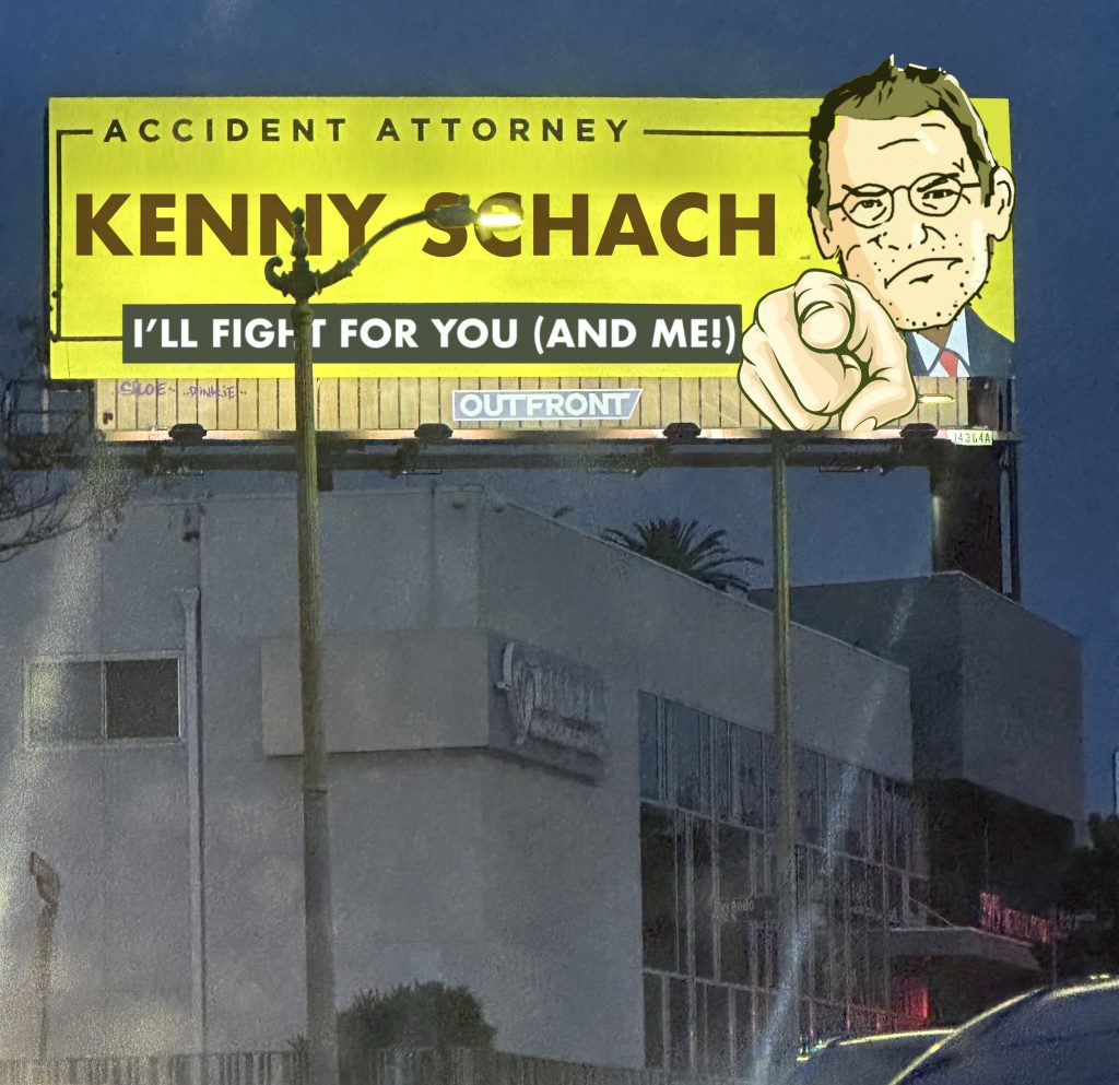 A fake billboard in an image shows a man appearing to market legal services