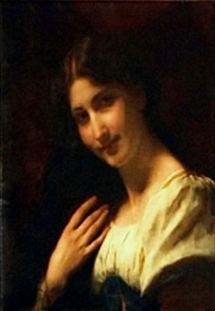 A scan of a portion of a portrait painting of a coy young woman lit dramatically against a black background