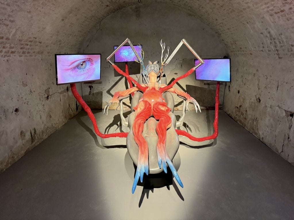 A sculpture of a pregnant red creature with flippers on an operating table surrounded by screens with eyes on them