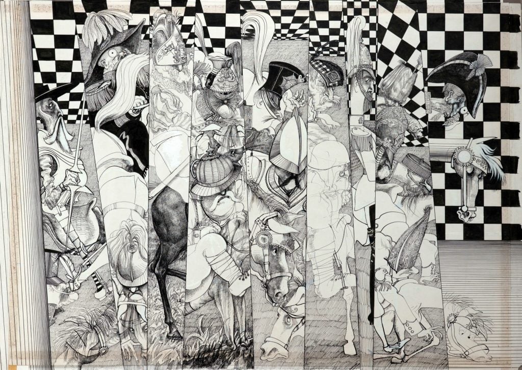 An illustration by Ralph Steadman, depicting a funhouse mirrors capturing snippets of various soldiers against a checkerboard background