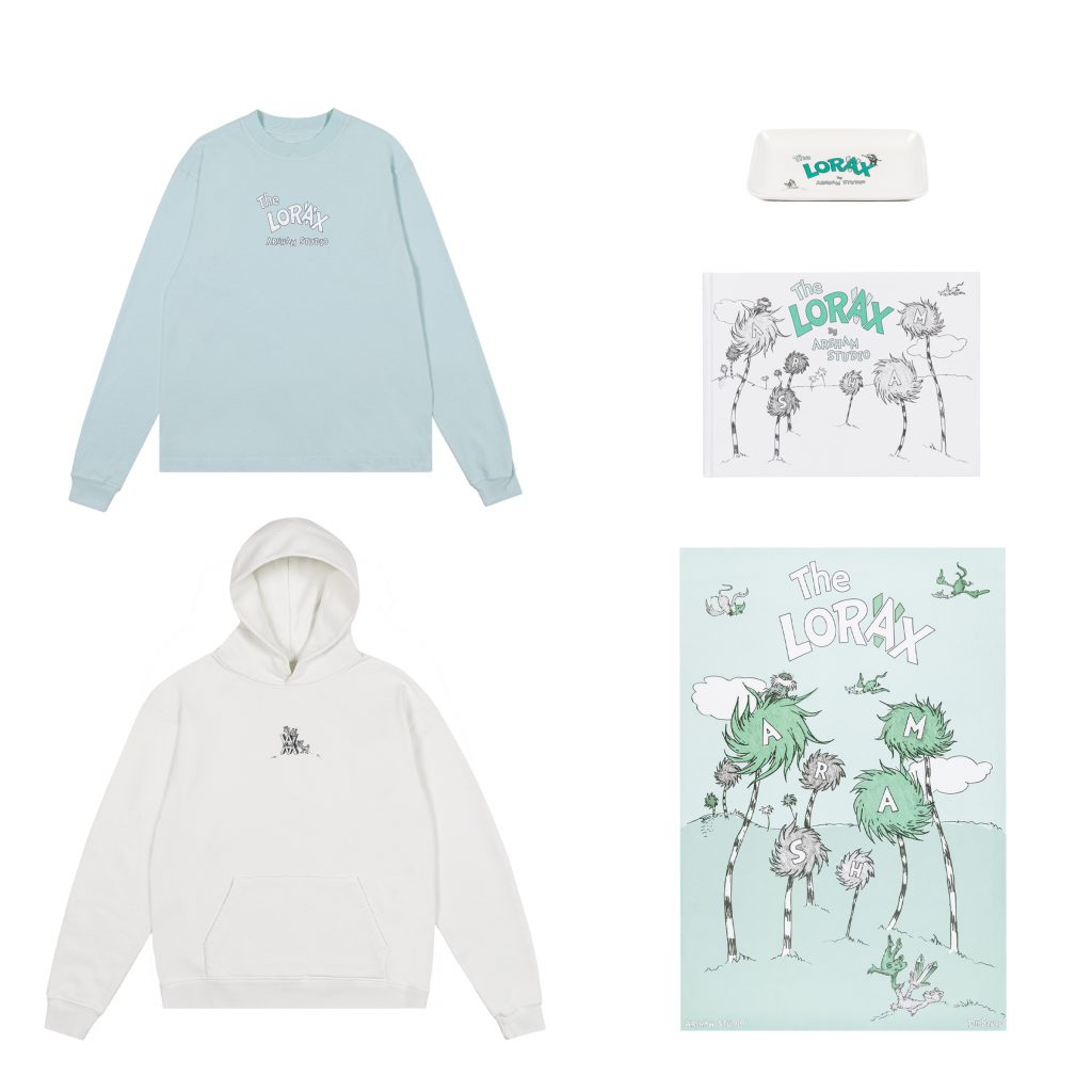 A collection of products, including sweatshirts and prints, bearing the brand "The Lorax by Arsham Studios."