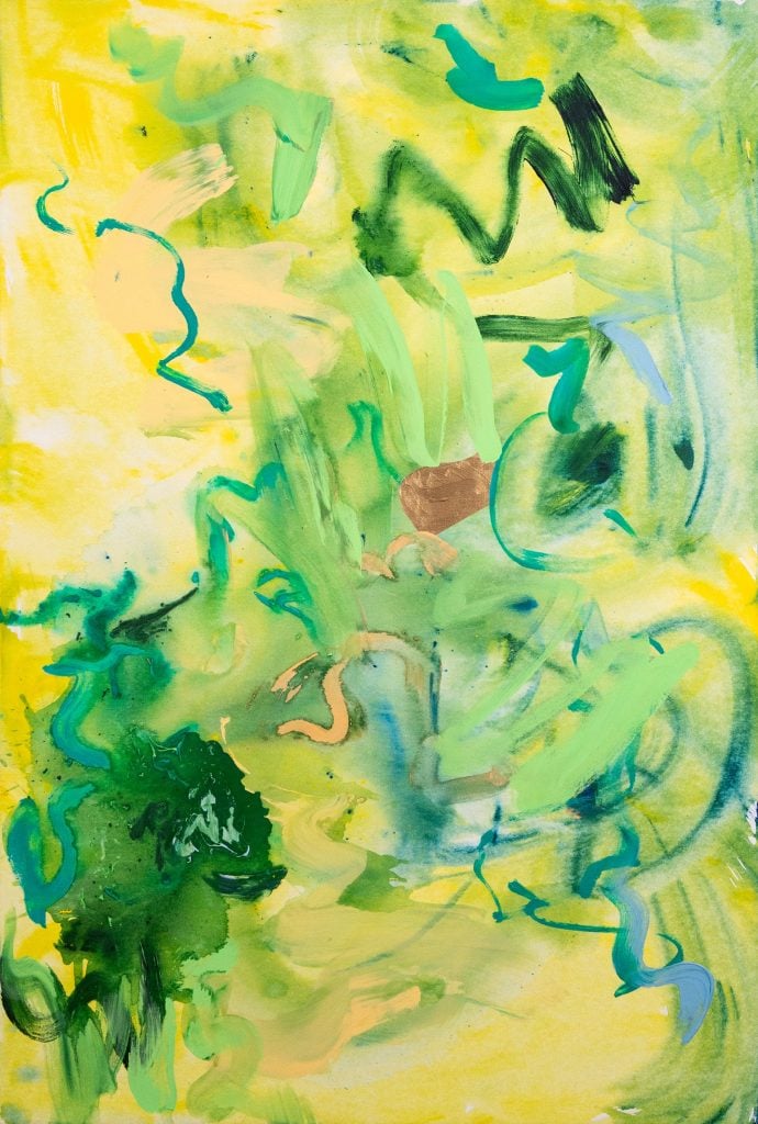 An abstraction of multiple shades of green gesturally drawn over a field of butte yellow, one of the liaison's picks.