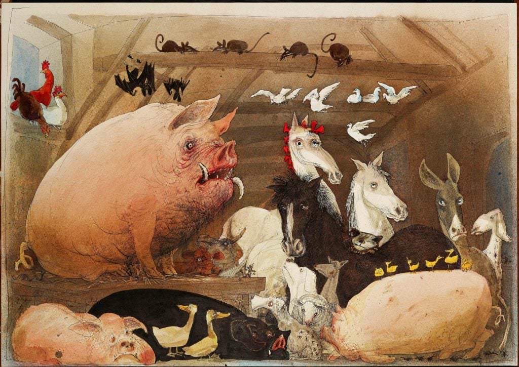 An illustration by Ralph Steadman, showing a barn filled with farm animals, including pigs, horses, chickens, and ducks.