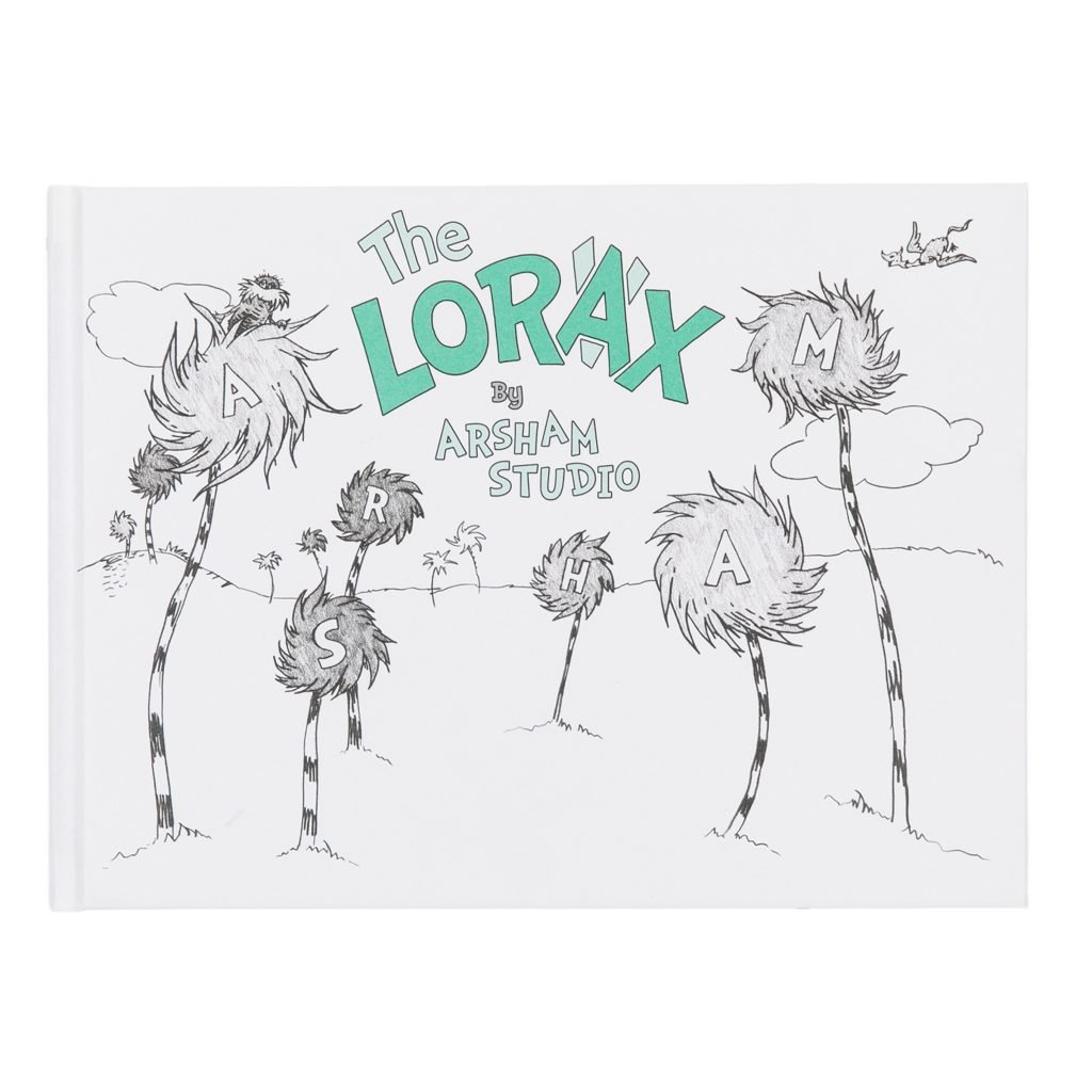 Front cover of Dr. Suess's The Lorax, illustrated by Daniel Arsham and featuring a five furry balls on thin sticks.