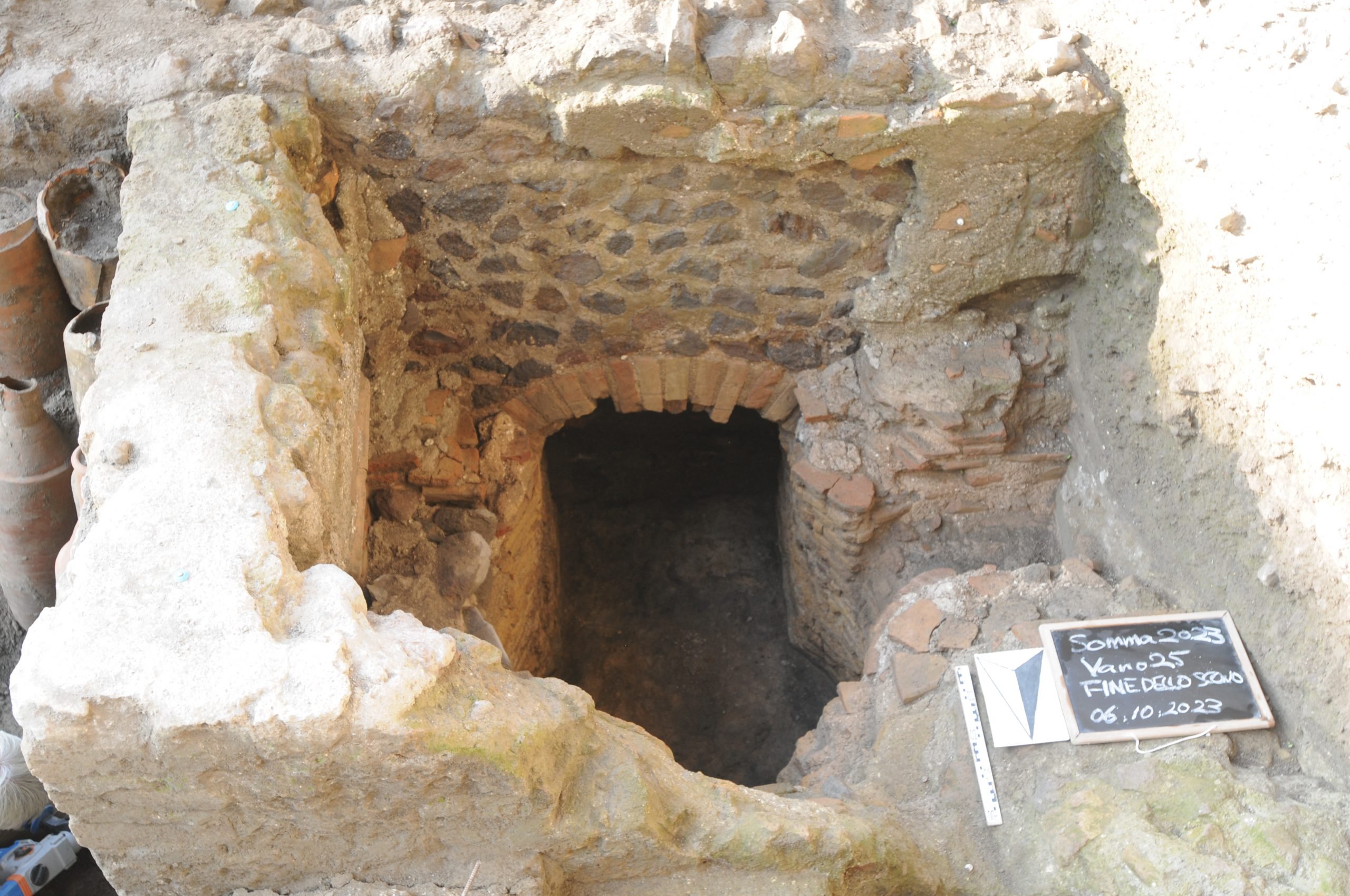 The exterior of an ancient Roman kiln, constructed with stone bricks