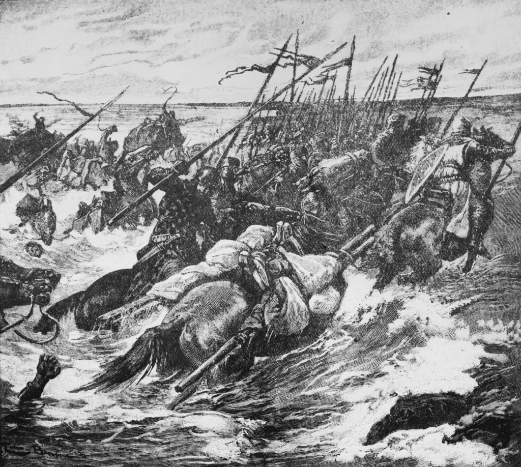 A drawing depicting men on horseback and holding flags swept away by a tide