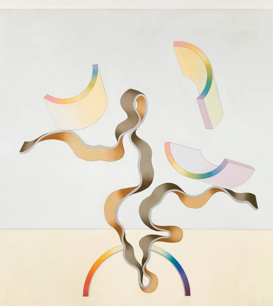 an oil painting of three dimensional ribbons in a rainbow hue