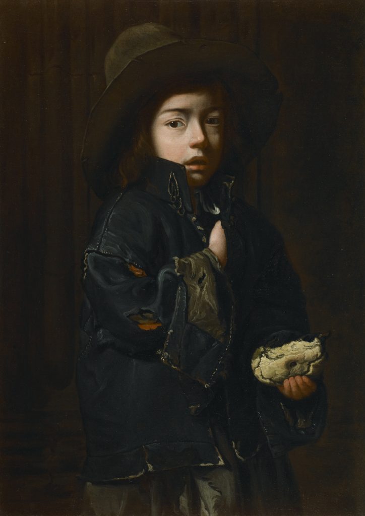 An imagge of a painted portrait of a penniless young boy wearing dark clothes, on a flat dark background