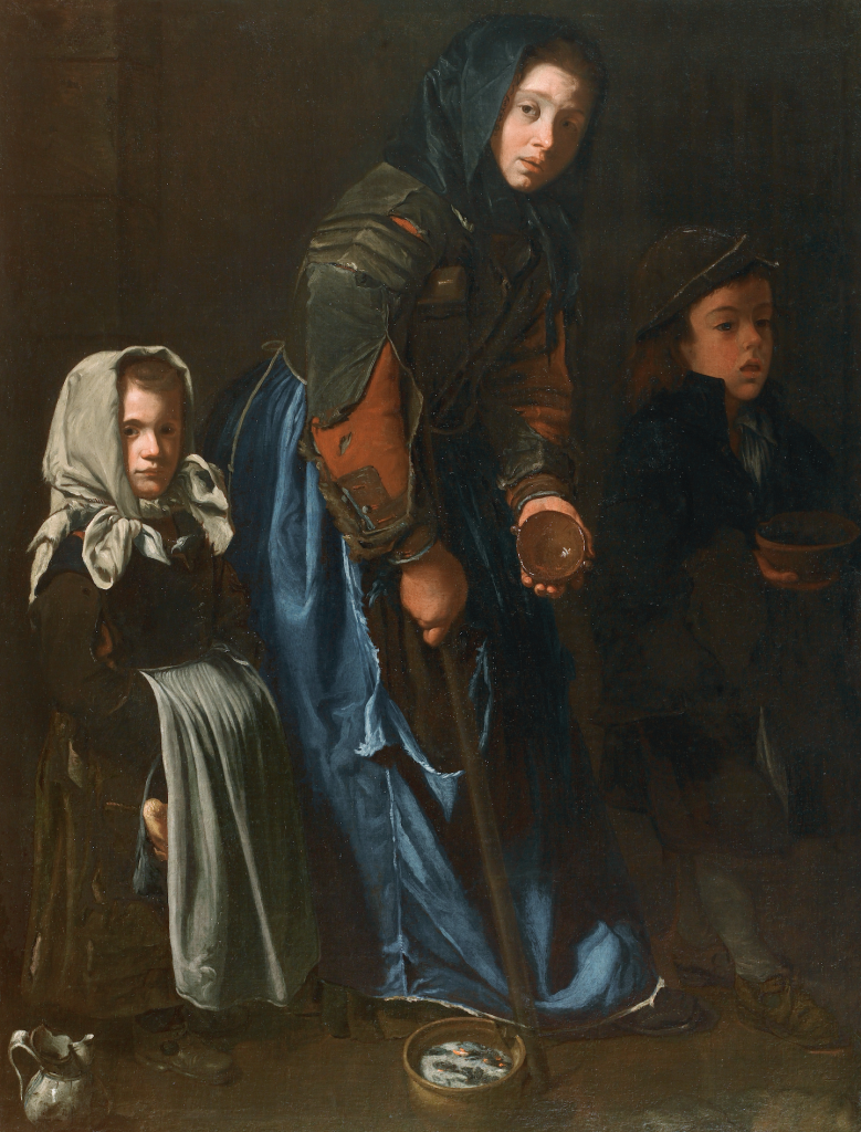 An image of a dark painting where a women wearing denim and a can begs surrounded by two children in rags