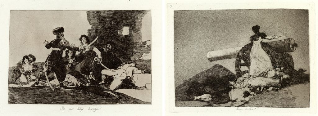 Plates 19 and 7 from the first edition of Francisco Goya's <em>The Disasters of War</em> (1810–1820), printed in 1863. 