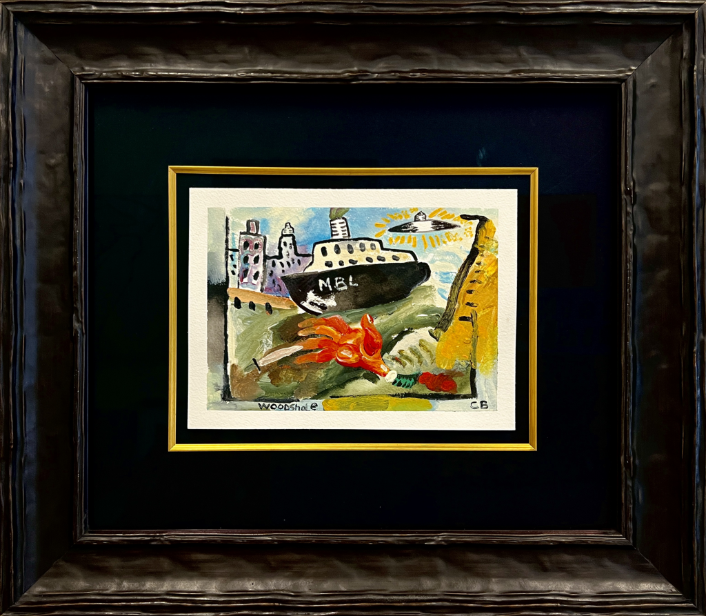 C. Louis Blank acrylic on paper painting of a boat entering a small harbor port in a black mat and black wood frame.