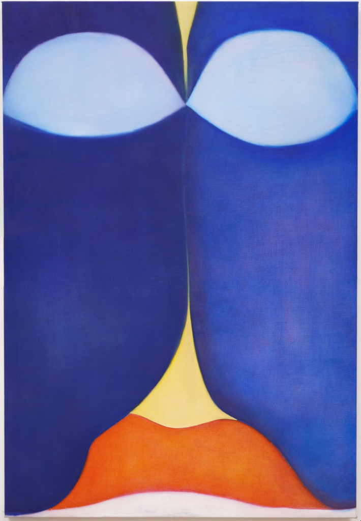 two swaths of indigo form curtains on either side of the canvas with a triangle of yellow, orange, and white at the center