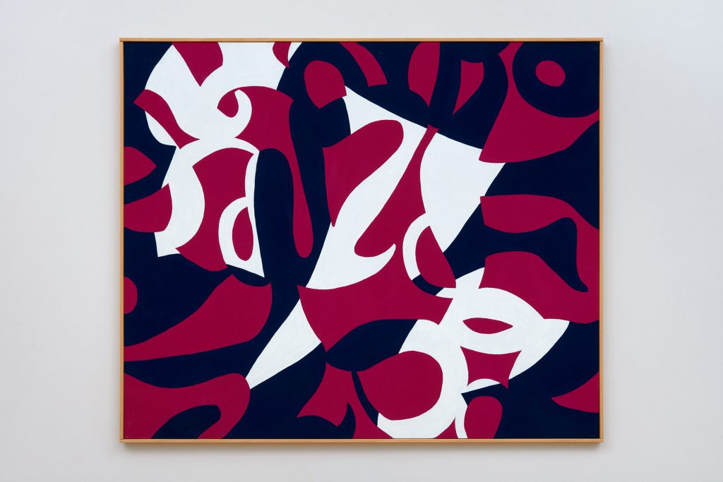 A hard edge abstraction made with maroon, navy, and white.
