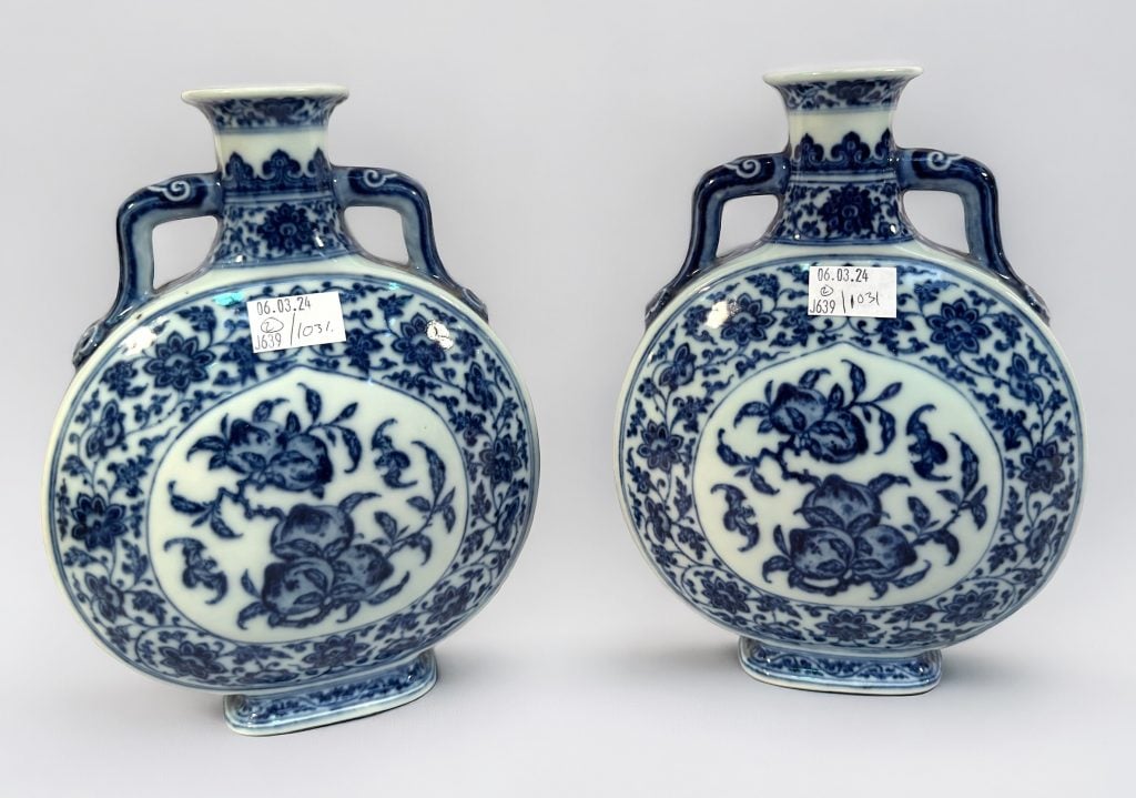 A pair of blue and white Chinese vases.