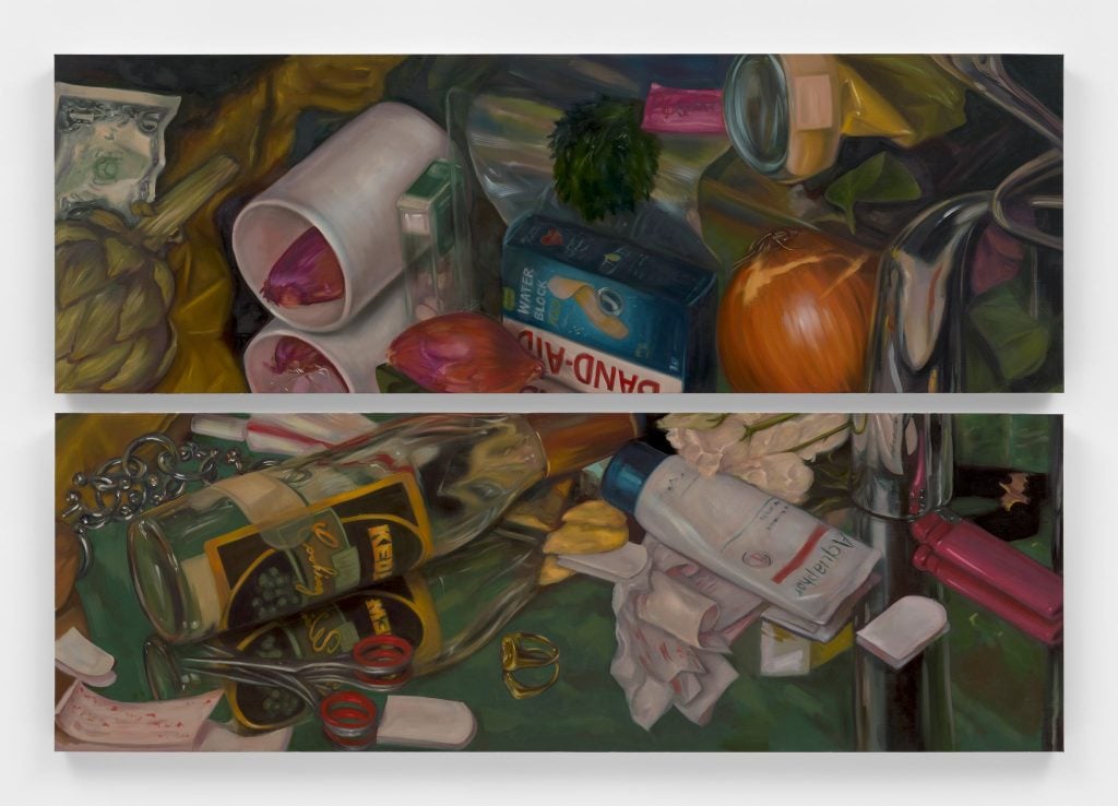still life painting of items laid on a mirrored surface