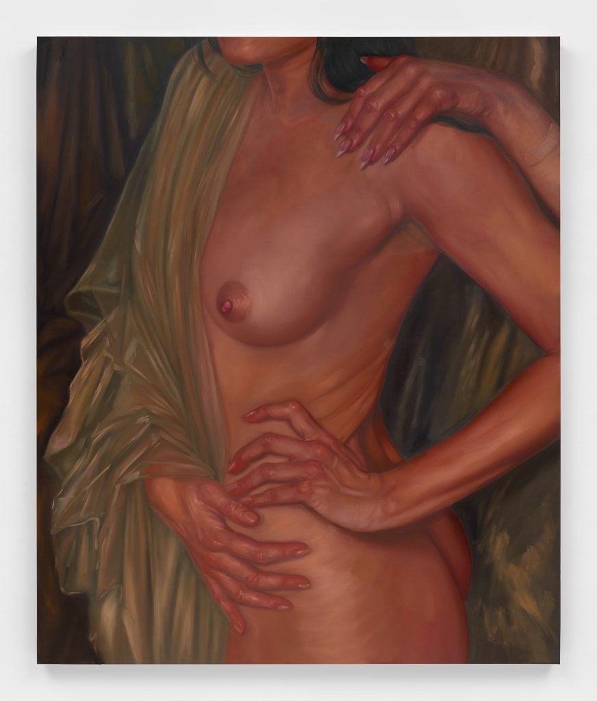 painting of a womans torso with her hand on her hip and nother womans hand on her shoulder