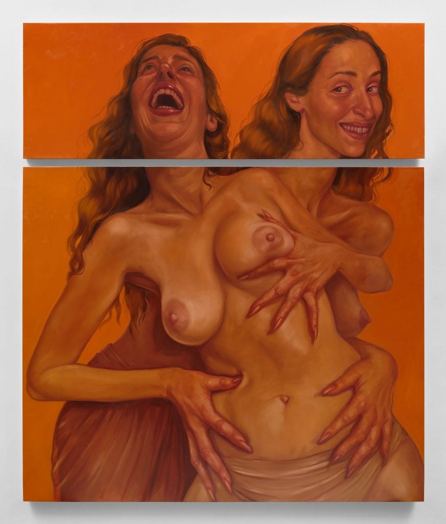painting of two identical women laughing with their chest out