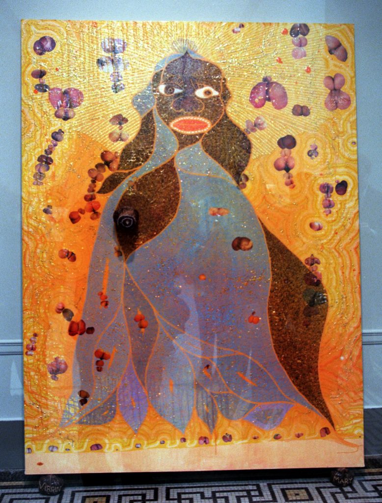 a painting of the virgin mary as a Black woman, against a yellow background