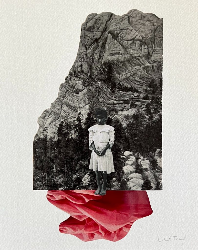 A three part collage, with a small girl in white dress standing in front of a rock face all in black and white, with a swath of red cloth at her feet.