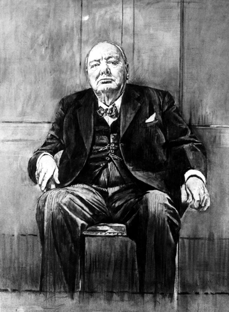 A black-and-white photo of a portrait of Winston Churchill, depicted wearing a suit and seated in a chair.