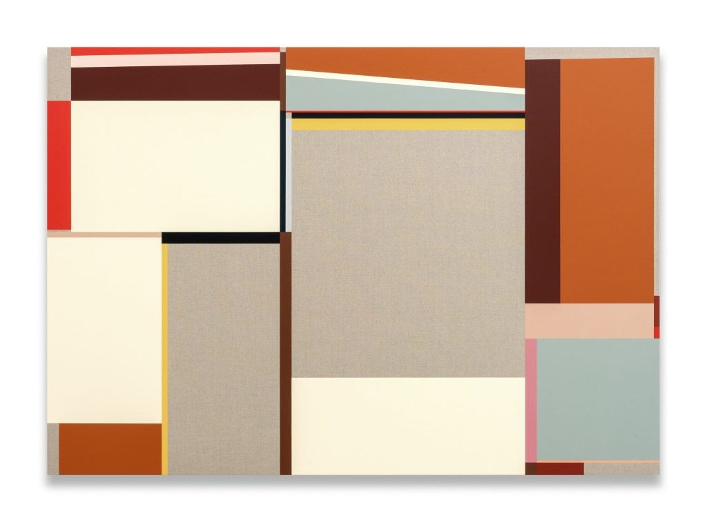 A geometric abstractions with squares and rectangles of various dimensions in taype, burnt orange, pale blue, and cream, one of the liaison's picks.