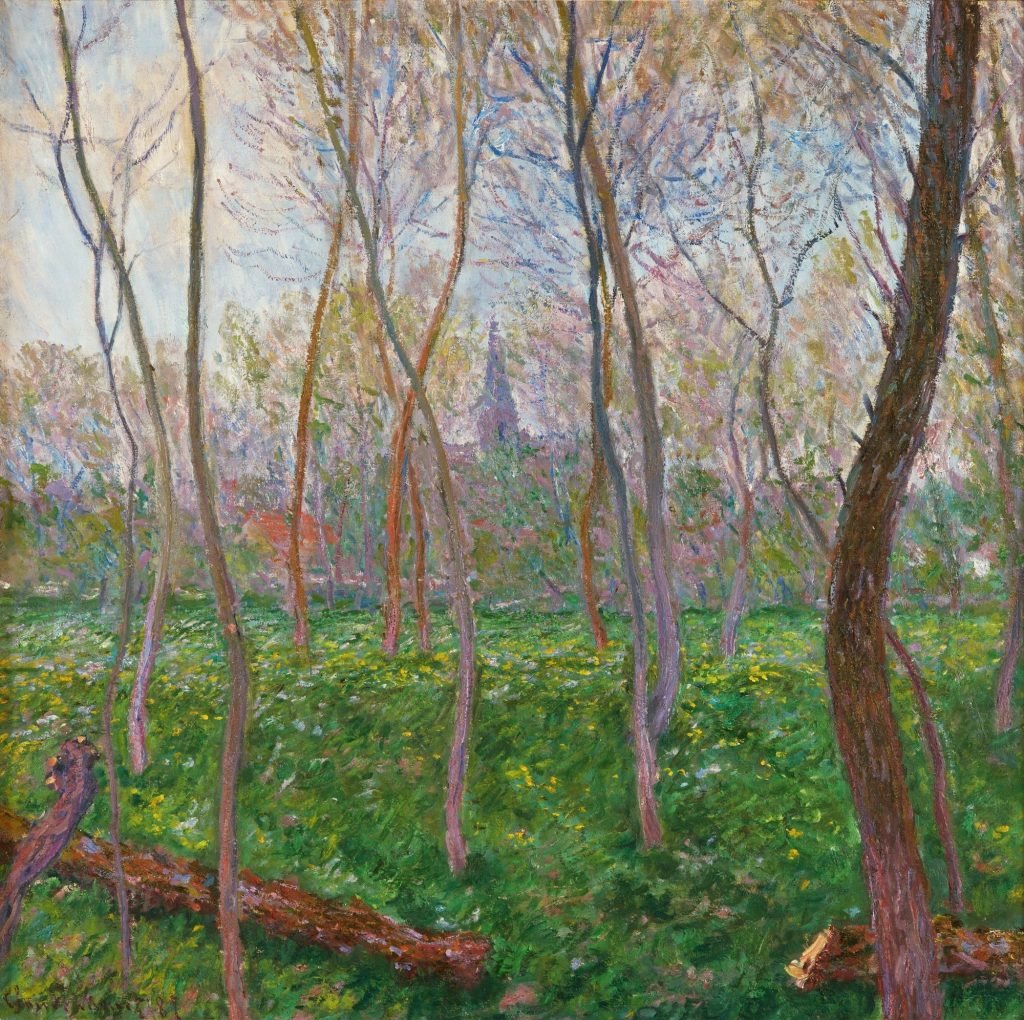 A painting of trees in a grassy field