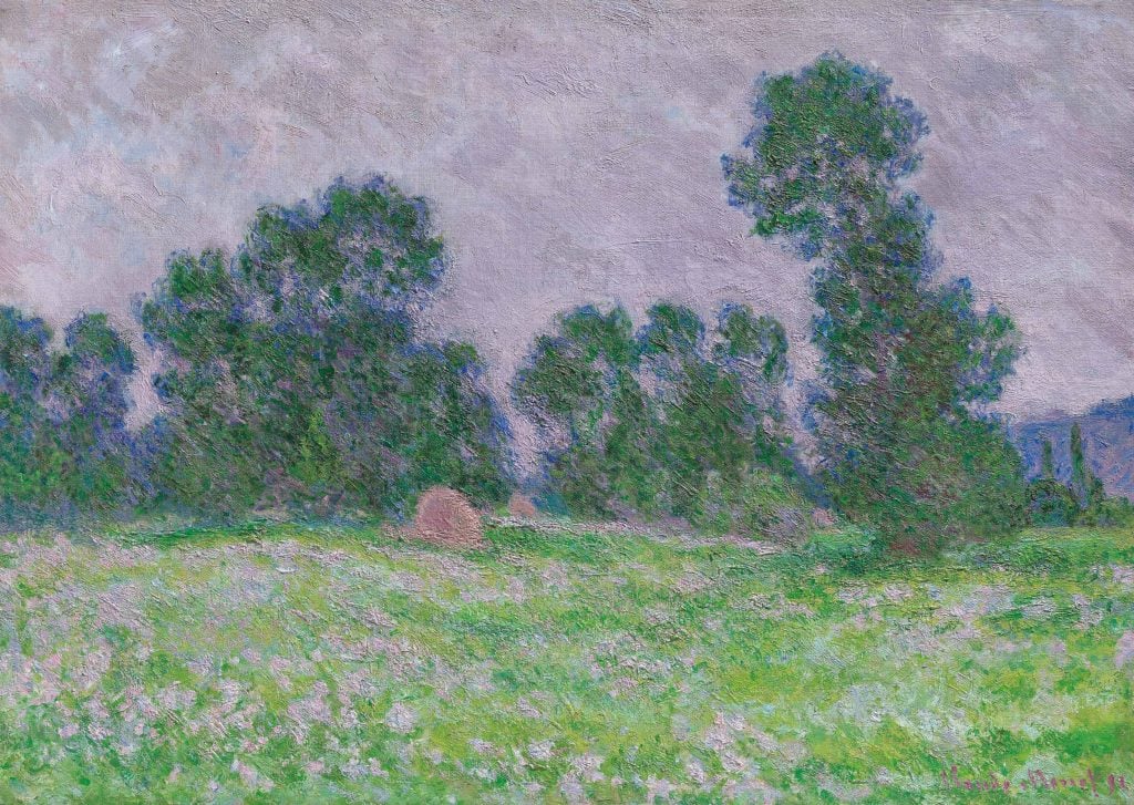 painting by claude monet of a prarie landscape with a sky in a lavender hue
