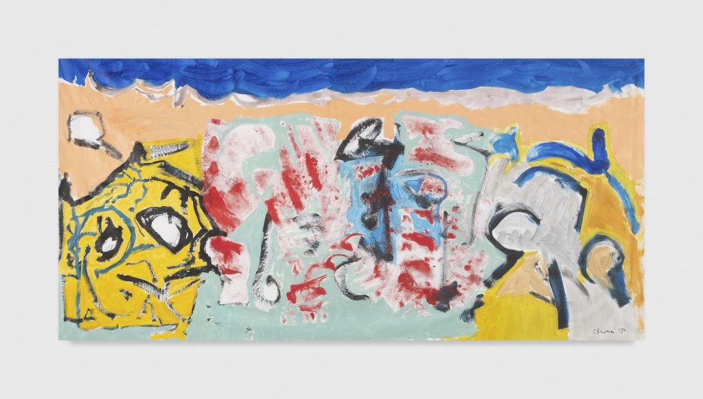 a bright, sunny abstract painting with a strip of bright blue paint at the top and yellows, red, and tans. It looks like a beach, sand and ocean, seen from above.