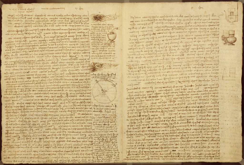 a page from the codex leicester with diagrams and writings