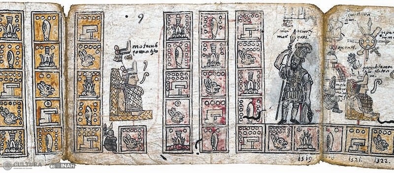 A scan of an intricately illustrated pictographic history of the small settlement of Tetepilco, featuring monarchs, soliders, and glyphs in yellow, red, and black ink